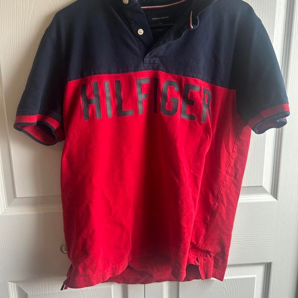 Tommy Hilfiger red and navy blue polo shirt